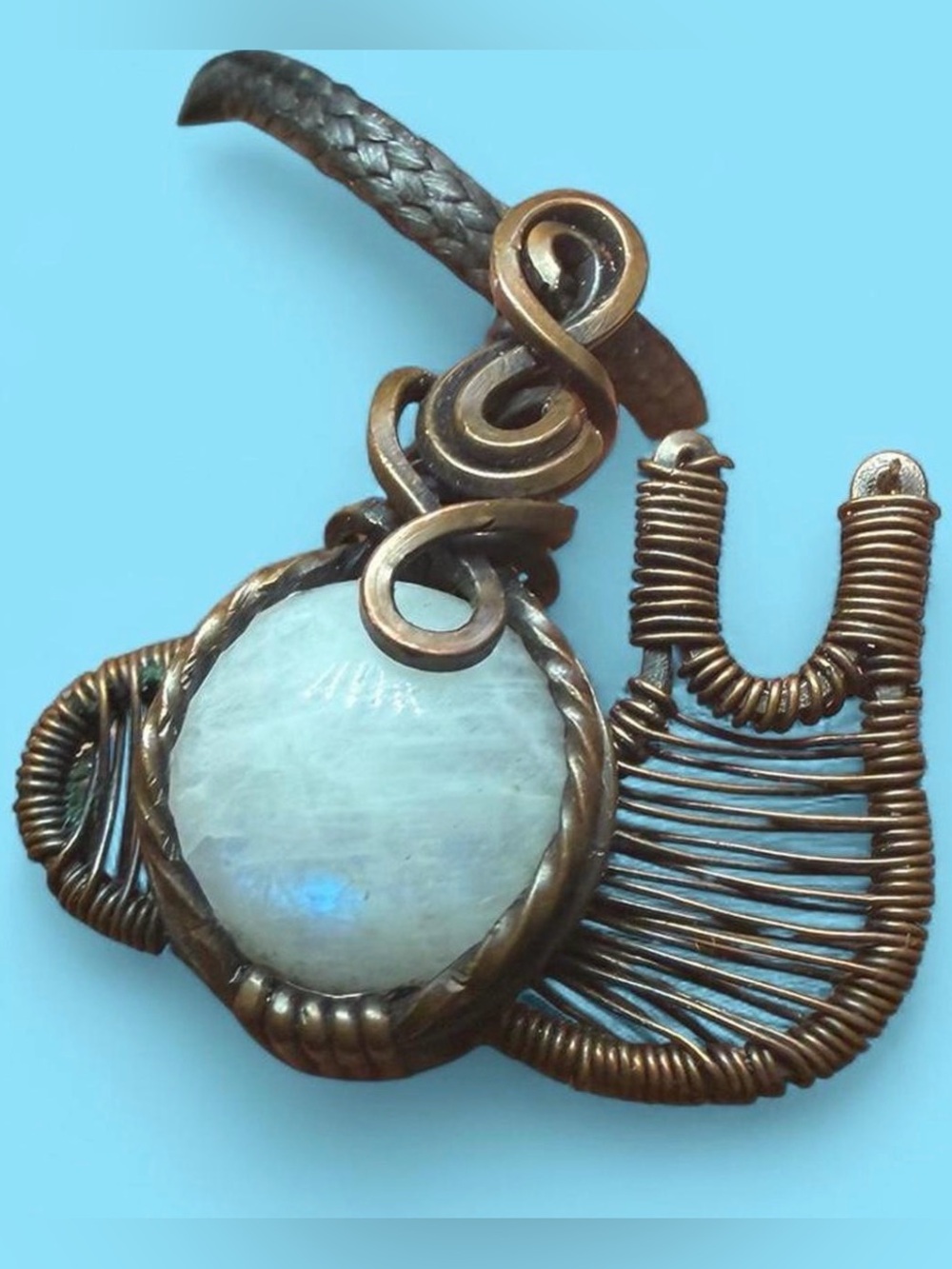 Moonstone Wire-Wrapped Pendant Necklace in Copper - White